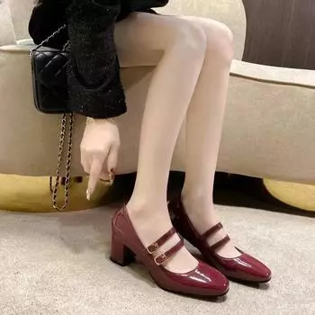 Woman Pumps Autumn Women Double Buckle Mary Janes Shoes Patent Leather Dress Square Head Square Heel Solid Color Women s Shoes 34 бежевый