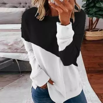 Woman s Casual Stitching Contrast Color Long Sleeve Blouse Pullover Tops M