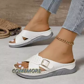 Woman s Platform Wedge Sandals Summer New Thick Sole Slippers Woman Cross Strap Beach Sandals Comfort Soft Anti-Slip Flip Flops 35 розовый