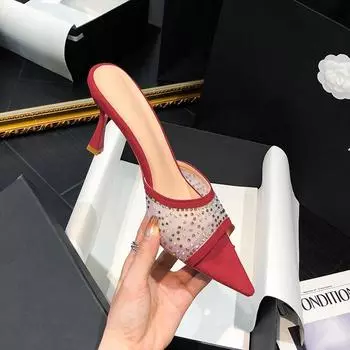 Woman s Slippers High-heeled Sandals Luxury Rhinestones Trend Sexy Fashion New in Party Stiletto Shoes Offer 35 бежевый