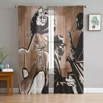 Женщина-певица, пианино, музыкальный инструмент, ретро-тюль, прозрачные шторы для гостиной, спальни, занавески на окна, вуаль, органза, шторы W135 x H115cm x1&Rod Pocket