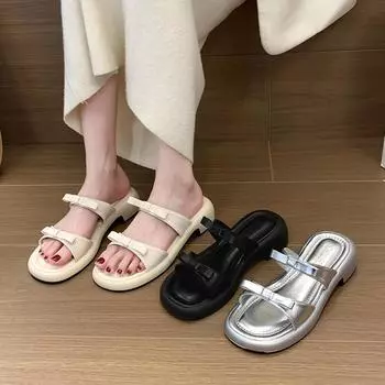 Woman Slippers 2024 New Summer Fashion Open Toe Slippers Low Heel Comfort Beach Designer Sandals Slides Women Zapatos De Mujer 35 бежевый