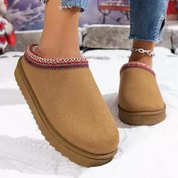 Woman Snow Boots for Warm Suede Leather Boots Autumn Winter Slip on Platform Boats Close Toe Hair Half Slipper Cotton Shoes 36 серый