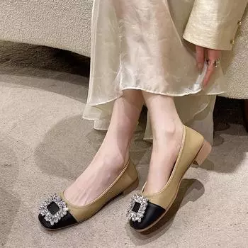 Woman Spring Casual Square Toe Low Heel Soft Soled Shoes Rhinestone Flats Female Elegant French Retro Square Toe Women Shoes 35 бежевый
