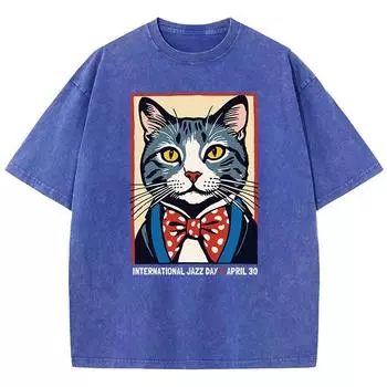 Woman Washed T-Shirts International Jazz Day April 30 Print Tee Shirts Distressed Crewneck Oversized Tops Vintage Clothes S