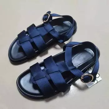 Woman Wide Buckle Strap Sandals Ink Blue Round Toe Peep Toe Sandals Summer Casual Flat Sandal Chic Flatform Roman Sandals Shoes 36