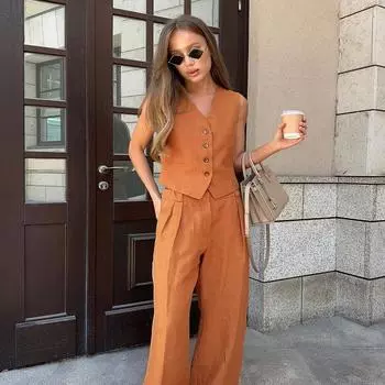 Womem льняной хлопок шикарный жилет брюки костюм комплект из двух предметов офисные женские летние шикарные женские наряды L чёрный