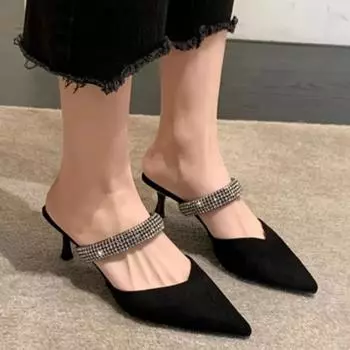 Women2024 High Quality Slippers Fashion Baotou Luxury Rhinestone Design High Heel Slippers Elegant Dress Party Pointed Toe Mules 35