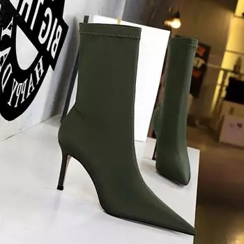 Women 10cm High Heels Winter Thermal Boots Green Low Heels Stretch Silk Ankle Boots Lady Warm Pointed Toe Sexy Party Shoes 34