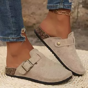 Women 2024 New Slippers Summer Fashion Metal Buckle Brand Design Flat Slippers Versatile Baotou Casual Shopping Women s Slippers 39 бежевый