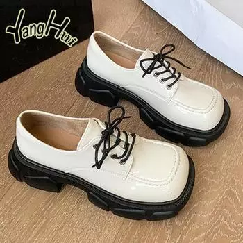 Женские ботинки челси на платформе 2024 года, бежевые, квадратные, с толстым каблуком, весна-осень, маленькие кожаные туфли в студенческом стиле 35 бежевый