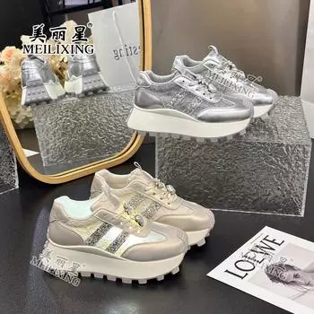Women 2024 Spring and Summer New Breathable Thick Sole Increase Sports Leisure Light Daddy Shoes 35 золотой