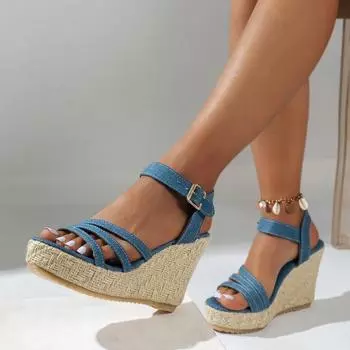 Women 2024 Summer Fashion Wedges Shoes for Platform High Heels Sandalias Mujer Thick Bottom Ankle Strap Gladiator Shoes Woman 36 синий