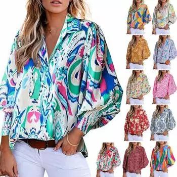 Women 2025 Loose V-Neck Shirts Paisley Print Lantern Sleeve Blouse Tops Women s Long-sleeved Printed Blouse, Lapel, Lantern-sleeved Shirt S