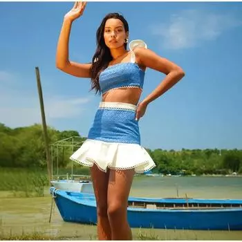 Women 2025 Ruffles Sets Sleeveless Square Neck Tops High Waist Skirts Suit Hollow Out Patchwork 2 Piece Set Elegant Street S синий/белый