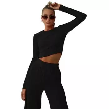 Women 2 Piece Lounge Set Long Sleeve Cropped Pullover Top Wide Leg Pants Set Fall Crewneck Tracksuit Casual Outfits S