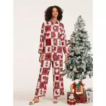 Женский пижамный комплект из 2 предметов с рождественским принтом, рубашка с длинными рукавами на пуговицах и эластичные брюки для домашней одежды, мягкая одежда для сна S красный