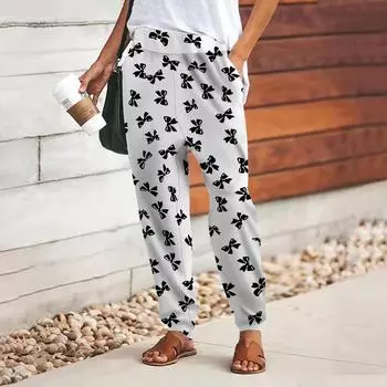 Женские брюки с принтом бабочки черного цвета 3D, свободные брюки со шнуровкой и эластичным поясом, повседневные длинные брюки с карманами XS чёрный