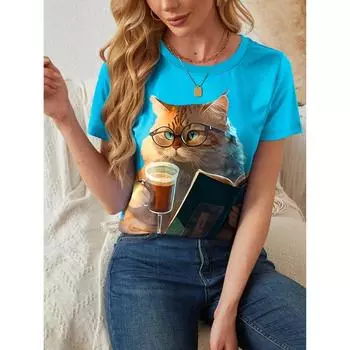 Women 3D Printed Cute Animal Funny Cat Pattern Summer New Harajuku Short Sleeves Tops S