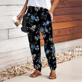 Женские брюки с принтом красной розы 3D, свободные брюки со шнуровкой и эластичным поясом, повседневные длинные брюки с карманами XS темно-синий