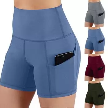 Женские однотонные леггинсы с высокой талией и карманами, спортивные штаны для йоги, байкерские шорты XL чёрный