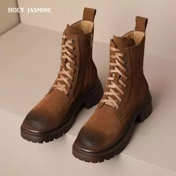 Women Ankle Boots 2024 Cross-Tied Popular Thick Heels Shoes Woman Autumn Winter Cow Suede Leather Casual Outdoor Platform Shoes 34 чёрный