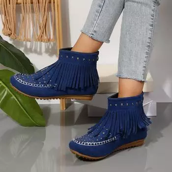 Women Ankle Boots 2024 Winter new fashion Retro Fringe Round Toe back zipper Women Boots Casual Flats Comfortable Shoes Women 35 бежевый