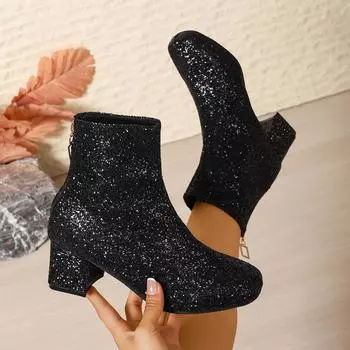 Women Ankle Boots 2025 New Fashion Sequins Round Toe Boots Women Autumn Winter Party Chunky Heels Shoes for Women Botas De Mujer 35