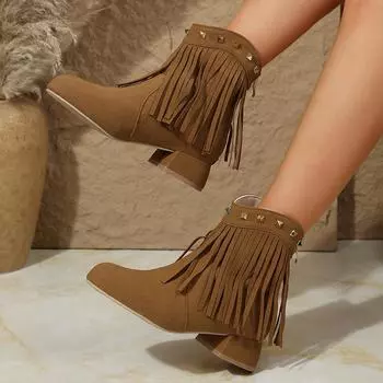 Women Ankle Boots Autumn Winter Tassel Rivet Decoration Boots Women Round Toe Zipper Outdoor Fashion Shoes Women Botas De Mujer 35 бежевый