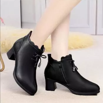 Women Ankle Boots Autumn Winter Warm Booties Black Leather Shoes Woman 2024 New Zipper Square Heel Pumps Zapatos De Mujer 35