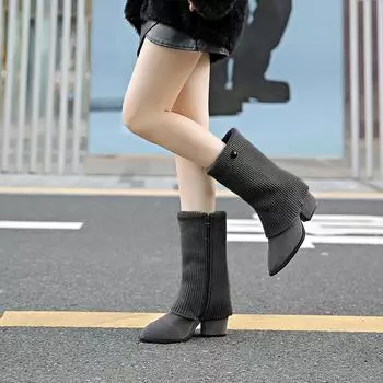 Women Ankle Boots Chunky Heel Mid Heels Shoes Woman Pointed Toe Trend Winter New Goth Walking Chelsea Boots Women Botas De Mujer 35 темно серый