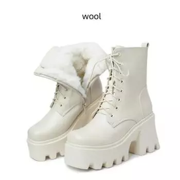 Women Ankle Boots Platform High Heel 2024 Genuine Leather Wool Warm Winter Boots Women Lace-up Fashion Biker Boots Women 34