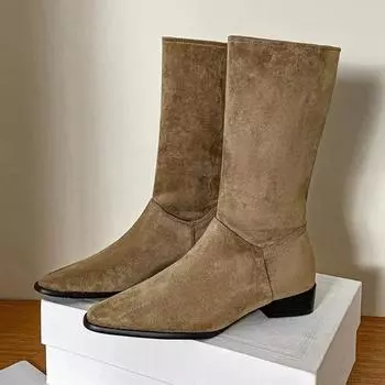 Women Ankle Boots Square Heel Pointed Toe 2024 Hot Sale New Fashion Outdoors Solid Color Thick with Round Head Women s Shoes 35 хаки