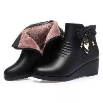 Women Ankle Boots Winter Comfortable Warm Cotton Shoes Soft Leather Plush Velvet Platform Wedges Anti-slip Short Boots for Mom 35 чёрный