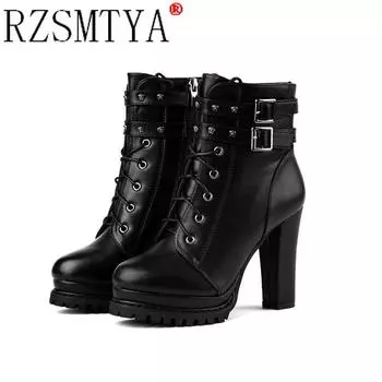 Women Autumn Ankle Boots Sexy Office High Heels Platform Boots Round Toe Leather Booties Black Pumps Ladies Party Shoes New 2021 35