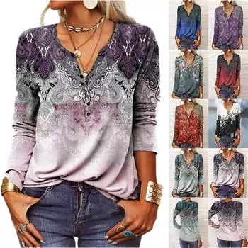 Women Autumn Button Half Open Collar Ethnic Midi T-Shirt Women Long Sleeve Top Plus Size XXXXXL