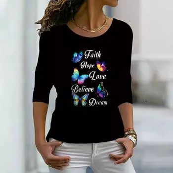 Женские осенние топы, свободные черные с принтом в виде бабочки, повседневные футболки с длинными рукавами, топы, блузки XS фиолетовый