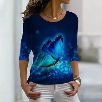 Женские осенние топы, свободные, с принтом синей бабочки, повседневные, с длинным рукавом, футболка, топ, блузка XS розовый