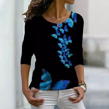Женские осенние топы, свободные, синяя, мечтательная, с принтом бабочек, повседневная, с длинным рукавом, футболка, топ, блузка XS фиолетовый