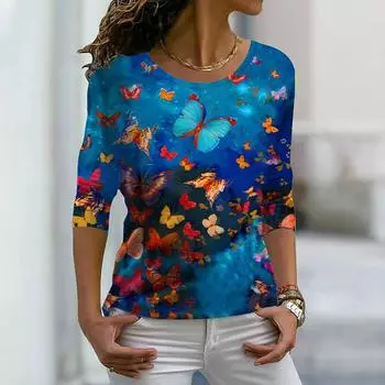 Женские осенние топы, свободные, с принтом фиолетовой стрекозы, повседневные футболки с длинными рукавами, топы, блузки XS фиолетовый