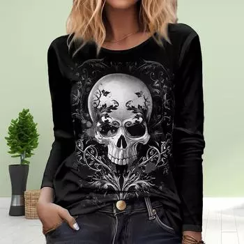 Женские осенние топы с ужасающим принтом черепа, повседневная футболка с длинным рукавом, топ, блузка XS чёрный