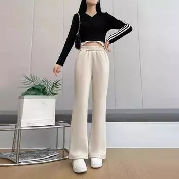 Women Autumn Winter High-waisted Casual Bell Bottom Trousers Loose Large Size Elastic Straight-leg Pants 2XL чёрный