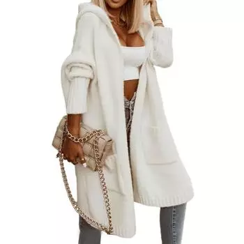 Women Autumn Winter Hooded Sweater Cardigan Letter Print Open Front Long Sleeve Knitting Coat Streetwear 3XL белый