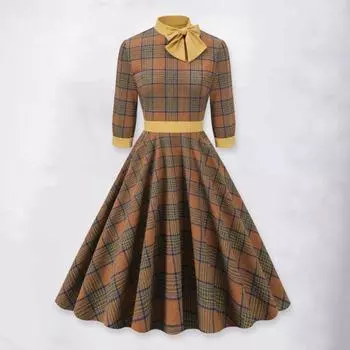 Женское платье-трапеция с принтом в клетку на осень-зиму, с завязкой-бабочкой, высоким воротником и рукавами 3/4, платье-миди в стиле ретро с большим подолом M кофейный