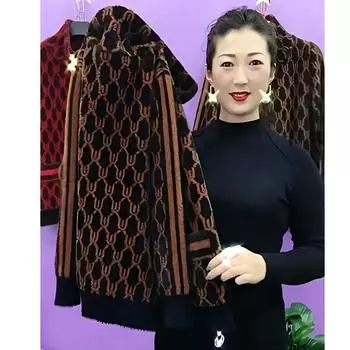 Women Autumn Winter Standing Collar Warm Zipper Cardigan Sweater Middle Aged Elderly Mother Imitation Mink Velvet Coat 4XL