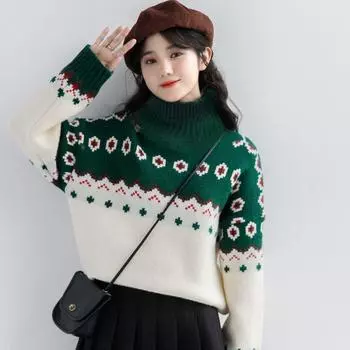 Женский осенне-зимний свитер с полувысоким воротником, пуловер, женский вязаный топ на основе S зелёный
