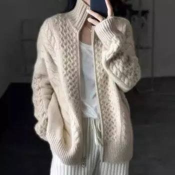 Women Autumn Winter Thick Knitted Cardigan Casual Knit Wool Sweater Female Elegant Jacket Tops 2XL бежевый