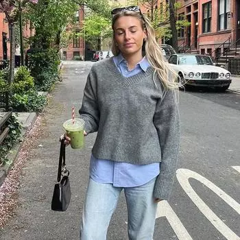 Women Autumn Winter Warm V-neck Knit Pullover Long Sleeve Loose Knitted Sweaters Fashion Casual Chic Jumpers Knitwear S серый