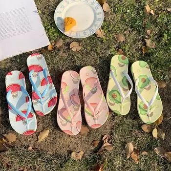 Women Beach Flip Flops Flat Outside Seaside Beach Fruit Cartoon Sandals Flip-flops Outdoor Slides Summer Home Bathroom Shoes 36 зелёный