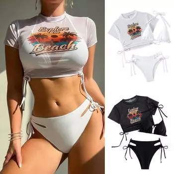 Женский пляжный разделенный бикини, купальник из трех частей, купальники с принтом, летние сексуальные новые стильные купальники S белый